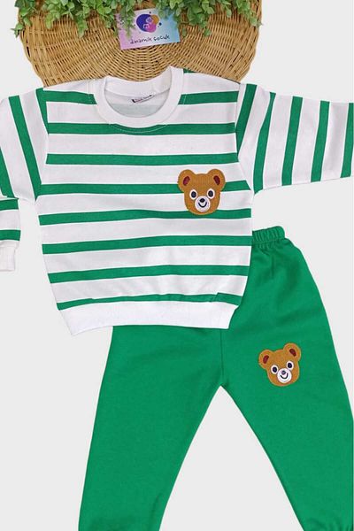 dinamik çocuk 1-9 Years Unisex Kids Set - Teddy Bear Embroidery, 2 Thread Raster, Side Striped Seasonal Bottom and Top Set