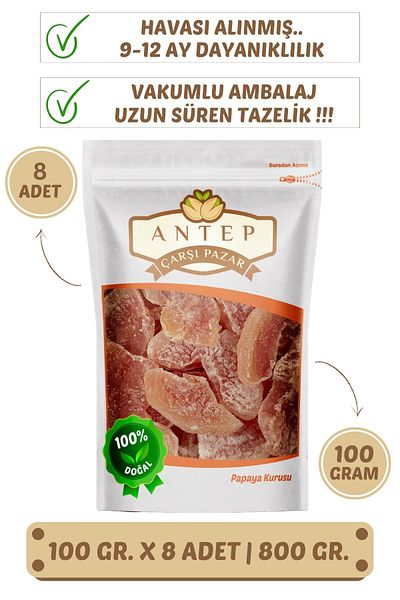 Antep Çarşı Pazar Papaya Dried Fruit |   100 Gr. X 8 Pieces |   Vacuum Packaging