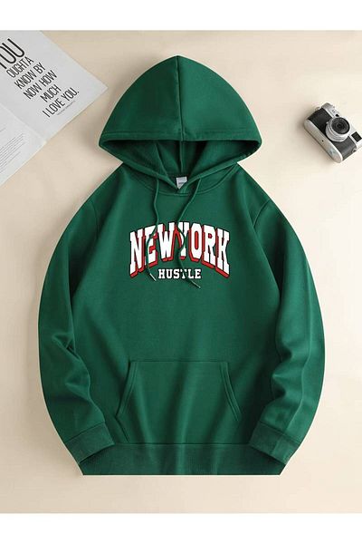 Keywest New York Hustle Printed Unisex Oversize φούτερ με κουκούλα - Χειμερινό φούτερ με κουκούλα 3 κλωστών 100% βαμβάκι