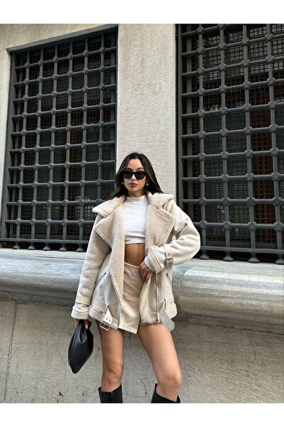 Rabia Çelik Kadın Bej İçi Komple Kürklü Kemerli Süet Biker Mont