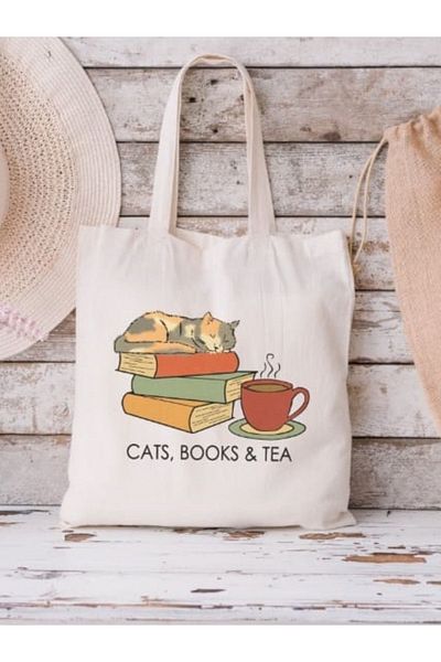 Cemira Geantă tote din pânză brută - Cats Books Tea Design