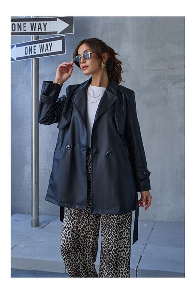 Elif Özbey Butik Trench din piele neagră de mărime medie - cu curea