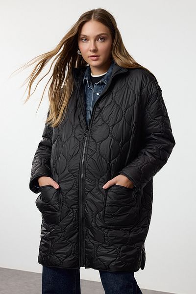 Trendyol Collection Oversize Hooded Black Quilted Coat - Twoaw25Mo00242