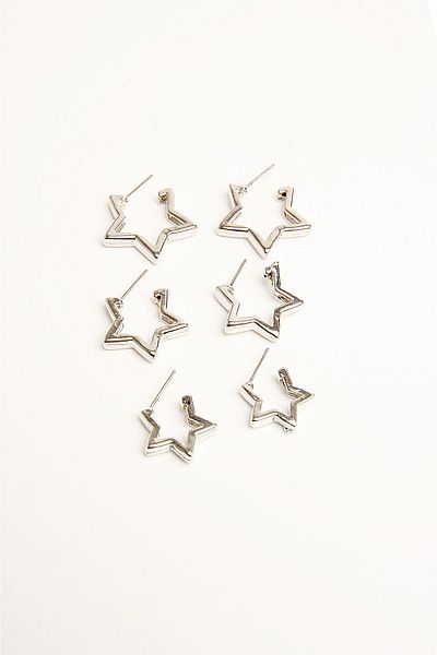 EUROMODA Unisex Star Designed Silver Colored 3 Sizes Set of 3 Earrings