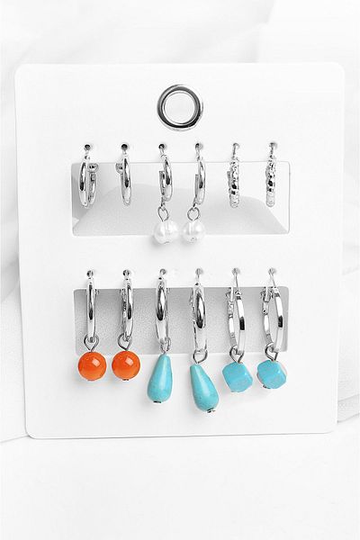 EUROMODA Set of 6 Turquoise Colored Beaded Pearl Earrings Earrings