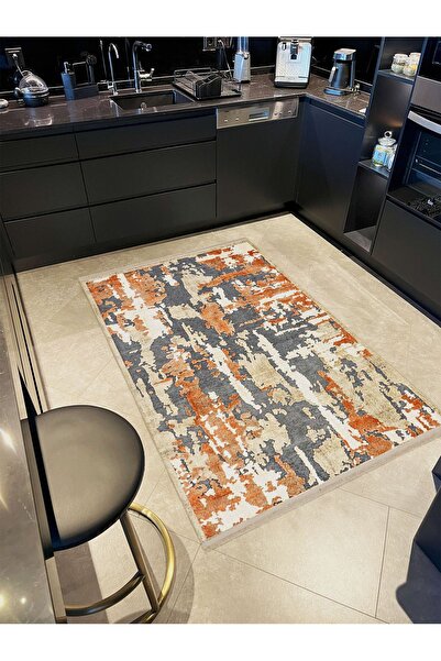 Rugs Modern Halı Alya Koleksiyonu Gri Turuncu Soyut Desenli Dokuma Taban Deko...