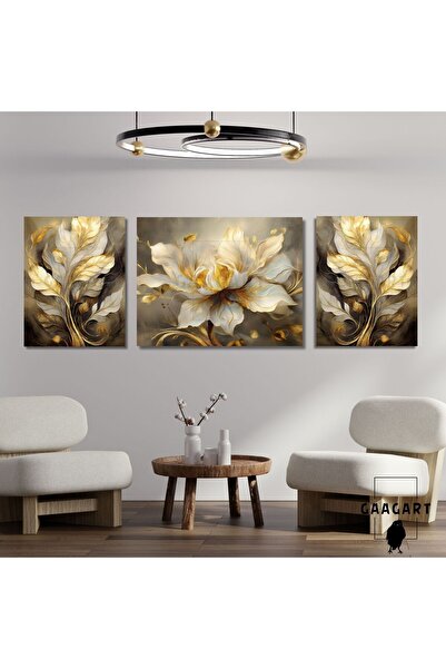 GAAGART 3lü Kanvas Şık Salon Duvar Tablosu Gold Sarı Beyaz Çiçek Dizayn