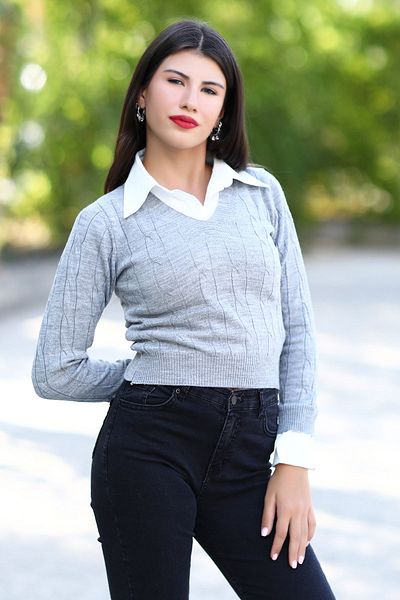 GİYSA Women's Gray Hair Knit Print Shirt Garnished Acrylic Knitwear Blouse - 2489