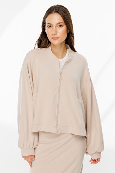 Hooopstore Stone Colored Bomber Jacket - Zipper Detailed