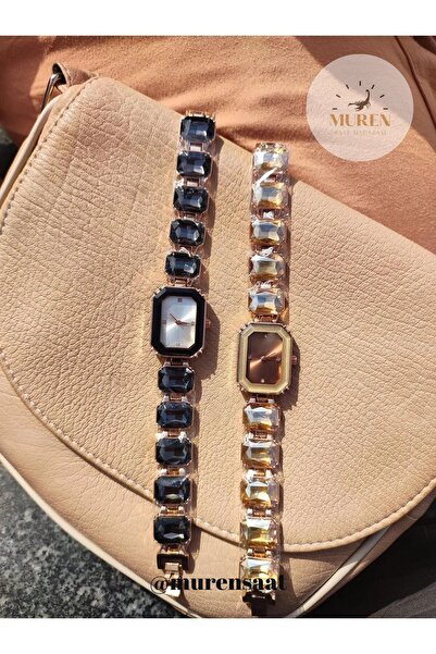 MEshop Sekizgen Kristal Taşlı Millenia Prenses Kadın Kahverengi Kol Saati