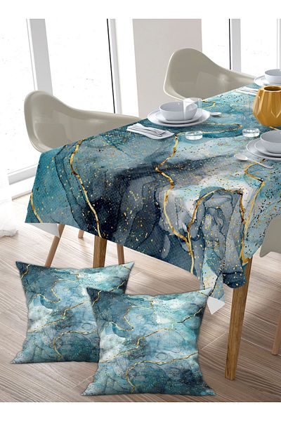 Ardizayn Set de fețe de masă din catifea cu imprimeu digital Blue Marble și 2 huse de pernă