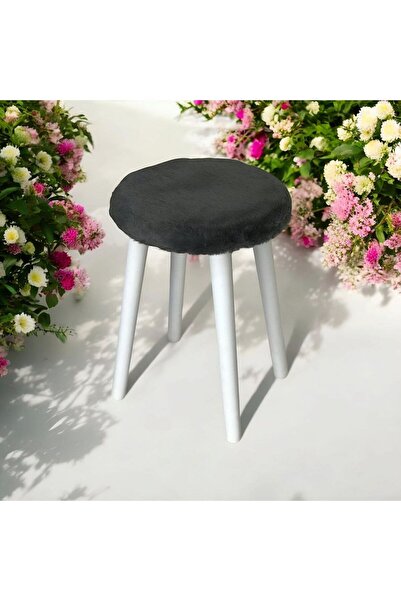 Taşkale Gürgen Ahşap Retro Ayak Dekoratif Antrasit Pelüş Puf Tabure Bench Kol...