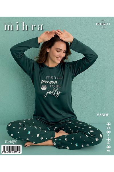 Mihra 19102-11 Green Cat Patterned Pajama Set - Sandy