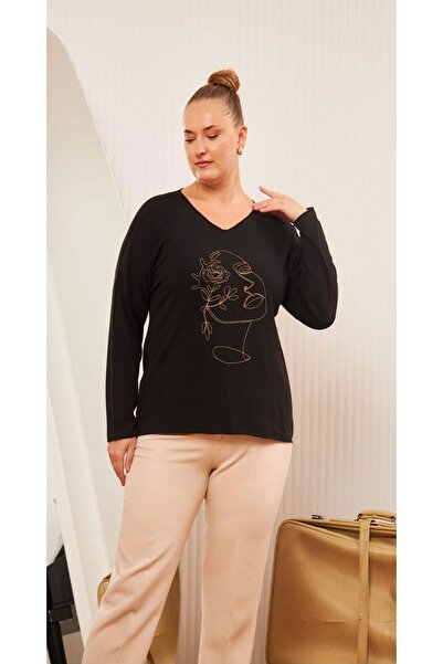 RMG KADIN SİYAH RMG YUMUŞAK DÖKÜMLÜ TRİKO TARZI KUMAŞ V YAKA BÜYÜK BEDEN BLUZ...