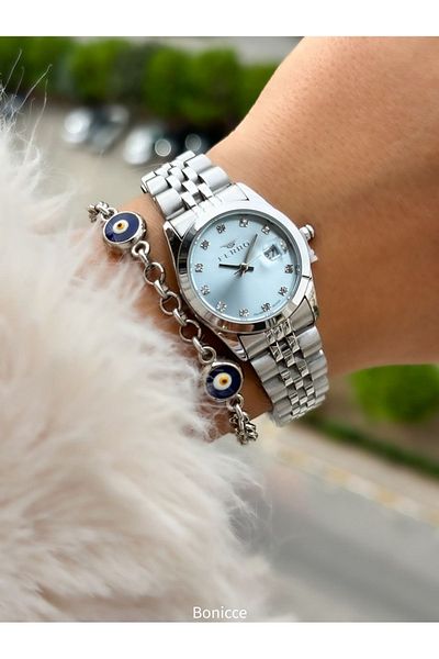 FERRO Brand Steel Cord, Silver Color, Small Case Women's Wrist Watch + Evil Eye Beaded Bracelet