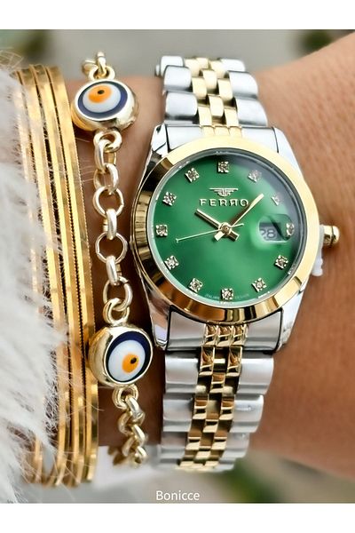 FERRO Brand Steel Cord, Yellow Color, Small Case Women's Wrist Watch + Evil Eye Beaded Bracelet