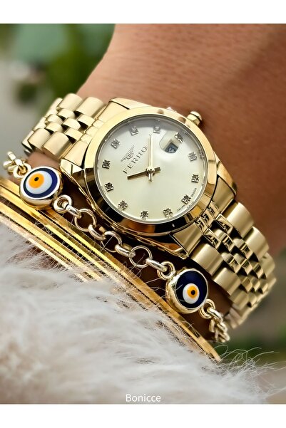 FERRO Brand Steel Cord, Yellow Color, Small Case Women's Wrist Watch + Evil Eye Beaded Bracelet