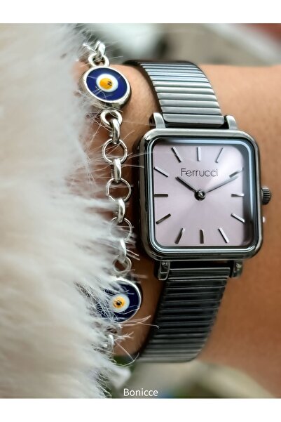 Ferrucci Brand Smoked Color Steel Cord Mini Square Case Women's Wrist Watch+Nazar Beaded Bracelet