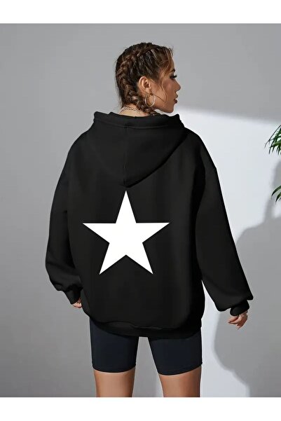 Elvino Yıldız Sırt Baskılı Oversize Unisex Kışlık Kalın Kapüşonlu Sweatshirt ...