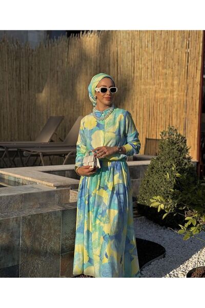 QALVE بدلة تنورة منقوشة بجيب فيسكوز