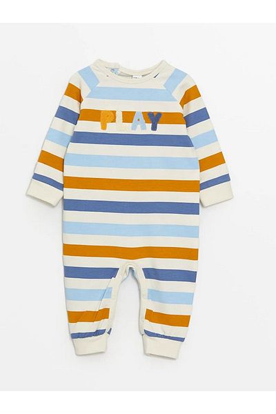 LC Waikiki Cream Striped Crew Neck Color Block Baby Boy Jumpsuit