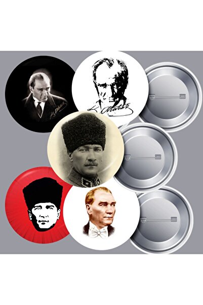 DeBu Tasarım 5 Farklı Çeşit 5 Adet Atatürk Yaka Rozeti 58 mm Büyük Boy