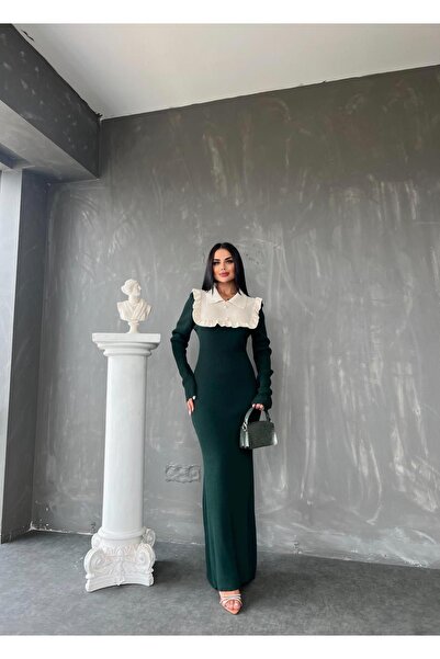 MAY MARA Μακρύ πλεκτό φόρεμα - Polo λαιμόκοψη και λεπτομέρεια βολάν