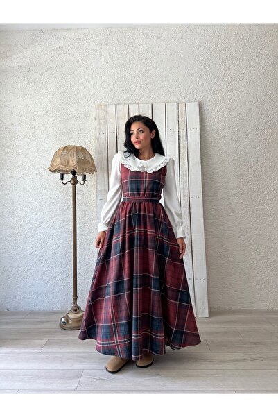 KÜÇÜĞÜM BUTİK Uzun Kahve-bordo Ekose Jile-fisto Yaka Beyaz Bluz Takımı (JİLE-BLUZ)