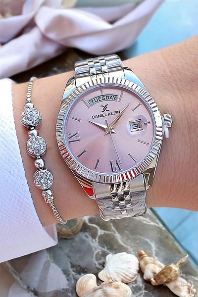 Daniel Klein New Model Jubilee - Women's Wristwatch with Light Pink Calendar and Jewelled Bracelet Gift