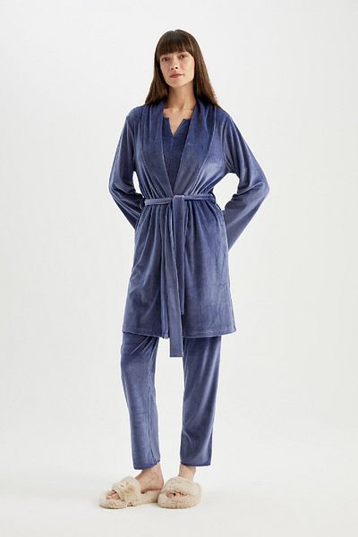 DeFacto Be in Love Wrap Collar Velur Dressing Gown - Long Sleeve C5434Ax24Au