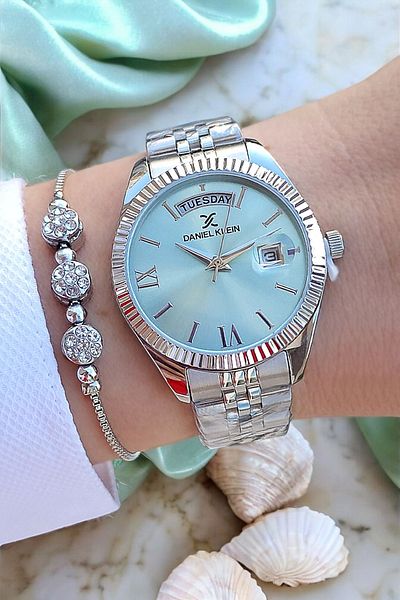Daniel Klein New Model Jubilee - Light Green Dial Bracelet Calendar Women's Wristwatch and Jewelled Bracelet Gift