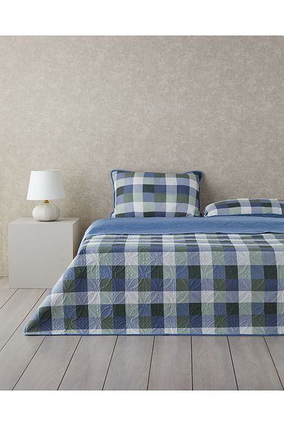 English Home Set cuvertură de pat dublă din catifea Ornate Check Albastru închis