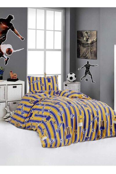 MORRİVAL Yellow-Dark Blue Single Duvet Cover Set - 90X190 Elastic, Çarsaflı, Quilt 155X215