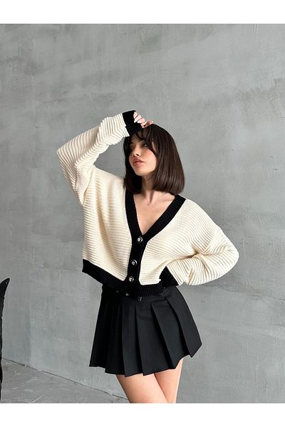 NATUFIAN STORE Black and White Women's Knitwear Cardigan - Contrast Color