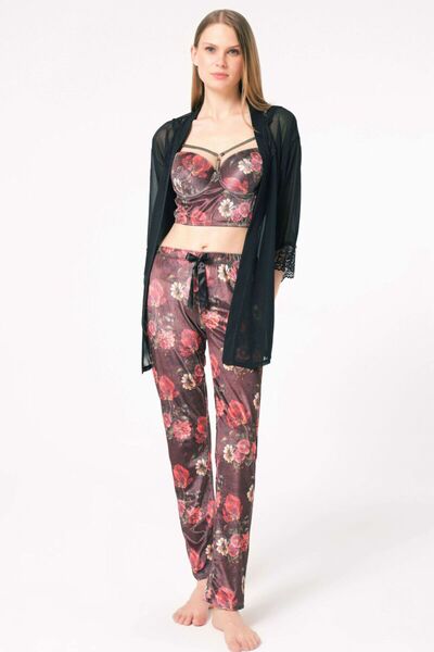 Anıl Kadın Tül Dantelli SabahlıkKadife Büstiyer Sütyen ve Pantolon Pijama 3'lü Takım (5683)