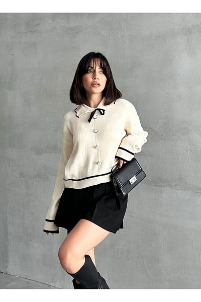 NATUFIAN STORE Black and White Bow Detailed Women's Knitwear Cardigan