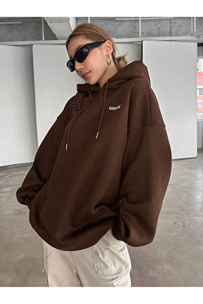 OVER HEAD Кафява уникална суитшърт с качулка и принт - 3-слойна суитшърт