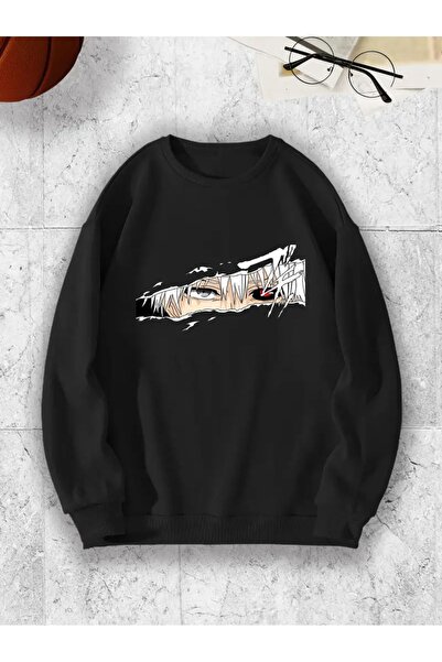 AEMİ سويت شيرت أسود كبير الحجم بنمط الرسوم المتحركة للجنسين - 3 خيوط، رقبة دا...