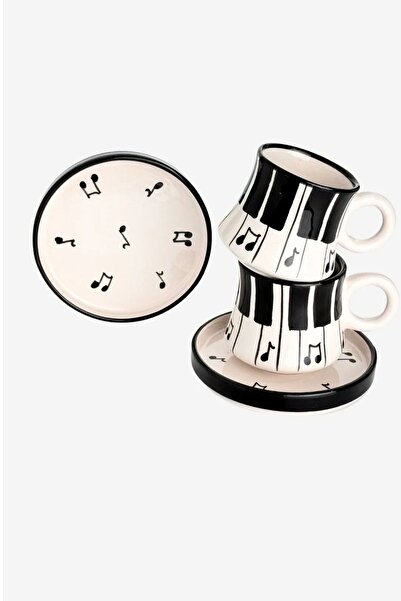 Porsellena 4 Piece Piano Patterned Coffee Cup Set - Handmade Set of 2