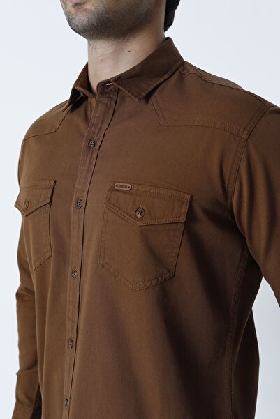 Cordial Мъжка памучна риза с двоен джоб и капак, кафява, есенно-зимна