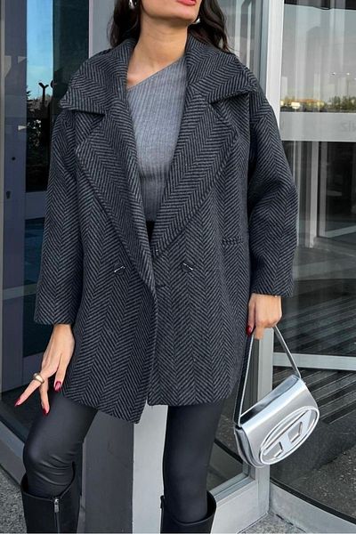 Suzi butik Palton scurt căptușit cu model în spate de pește de culoare neagră antracit
