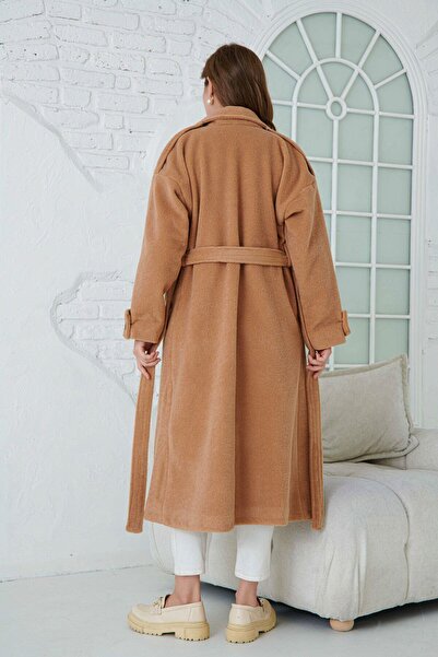 WOMAN VISION Women's Midi Length Camel Coat - Double Breasted Collar, Belted, Long Sleeve, Off Shoulder, Lined 9002