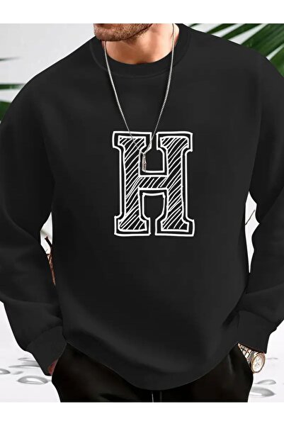 AEMİ Hanorac negru supradimensionat unisex cu litera H - 3 fire decolteu