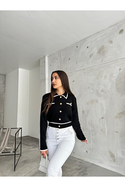 charm butik Cardigan crop cu guler polo cu nasturi aurii