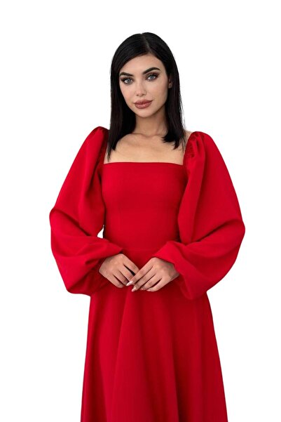 WOMAN VISION Ženska midi haljina - četvrtasti izrez i balon rukavi, Atlas tka...