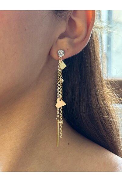 Esmee İnce Zincir Kalp ve Pırlanta Detaylı Gold Renk Küpe