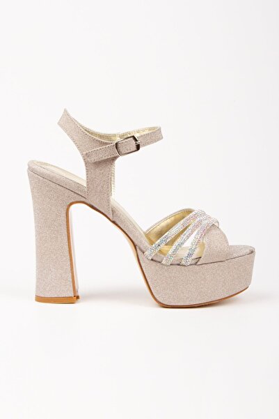 Alemdar Shoes Platform Heeled Gold Glittered Stone Detailed Women's Evening Dress Shoes