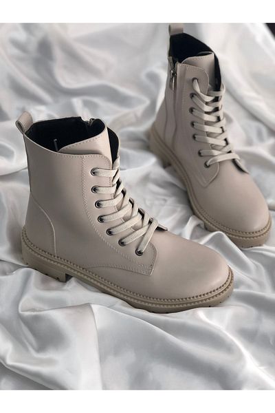 Hg Ayakkabı Tına Cream Leather - Μπότες Personality με φερμουάρ και πέτρες
