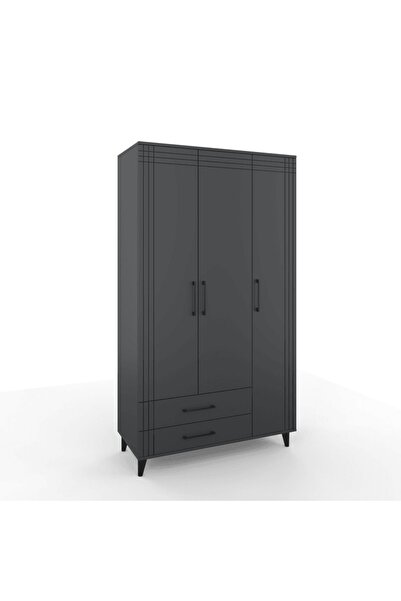 ANZERA Teo Gardırop - Antrasit - Çekmeceli - Kapaklı - Çizgi Desenli