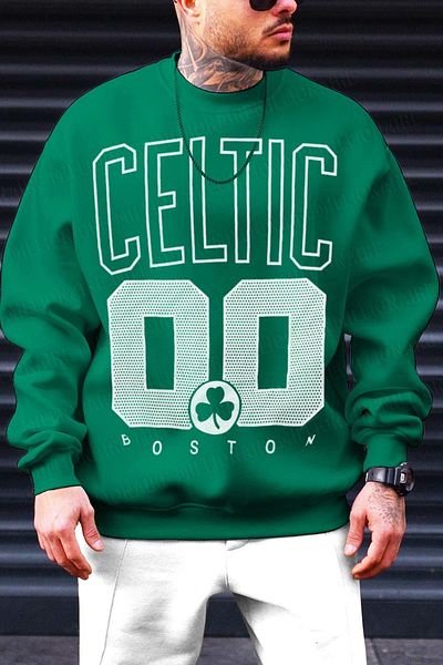 Millionaire Πράσινο ανδρικό φούτερ από φλις εμπριμέ Boston 00 - Crew Neck, Oversize Cut